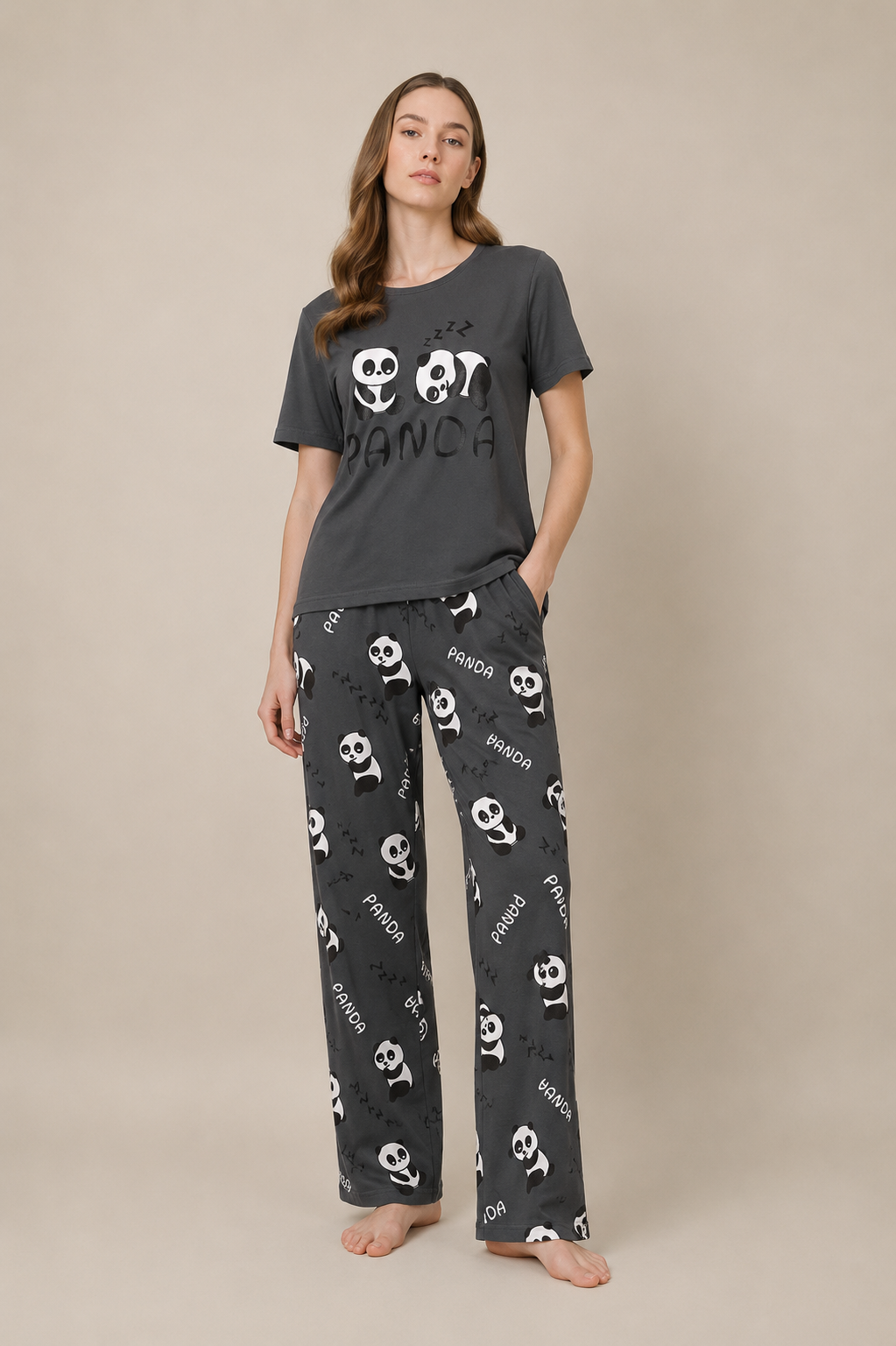 Women's Panda Print Night Suit – Soft T-Shirt & Matching Pajama Set